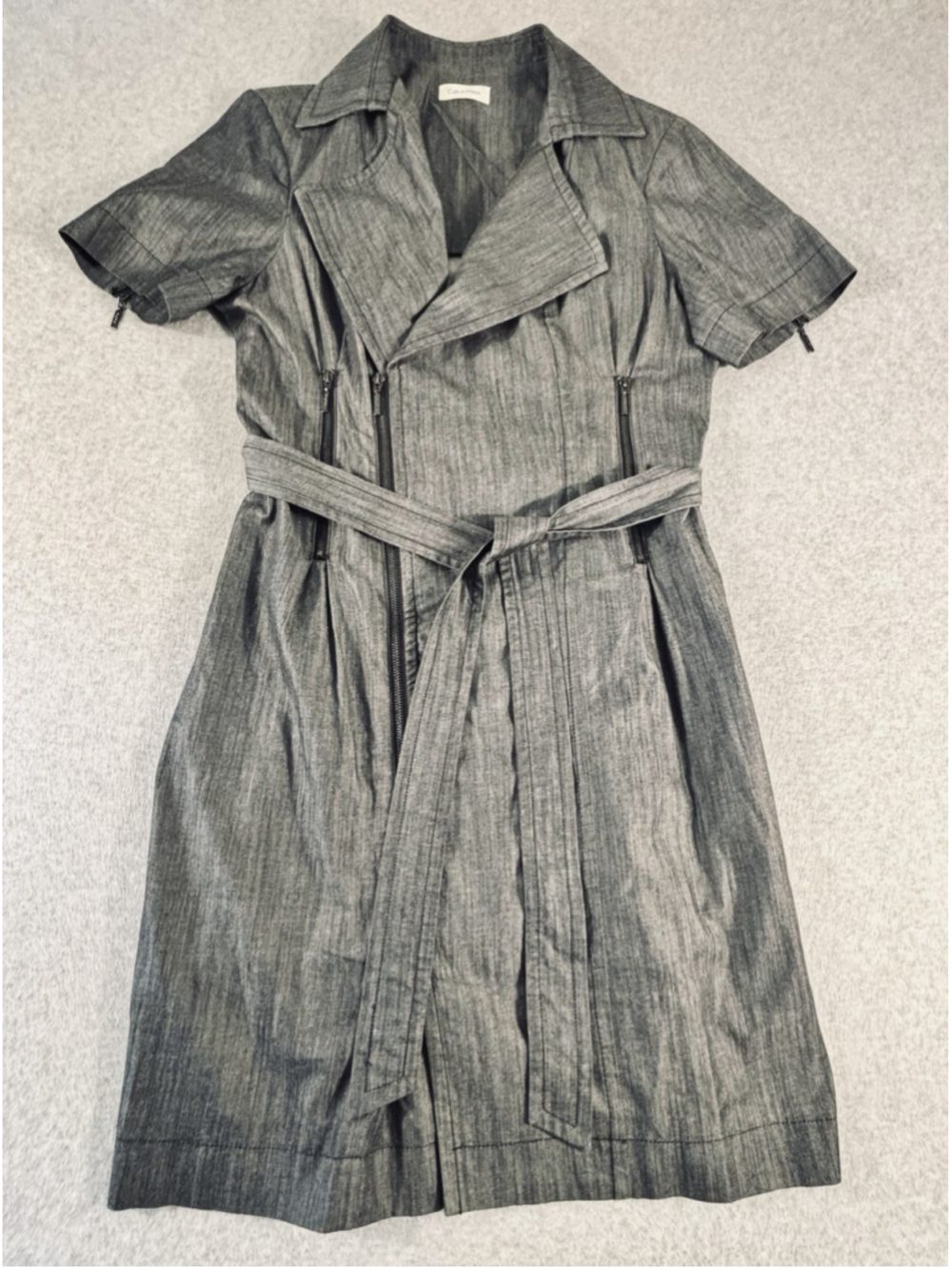 Calvin Klein Denim Look Trench Dress Women’s Belted Zip Front‎ Short Sleeve